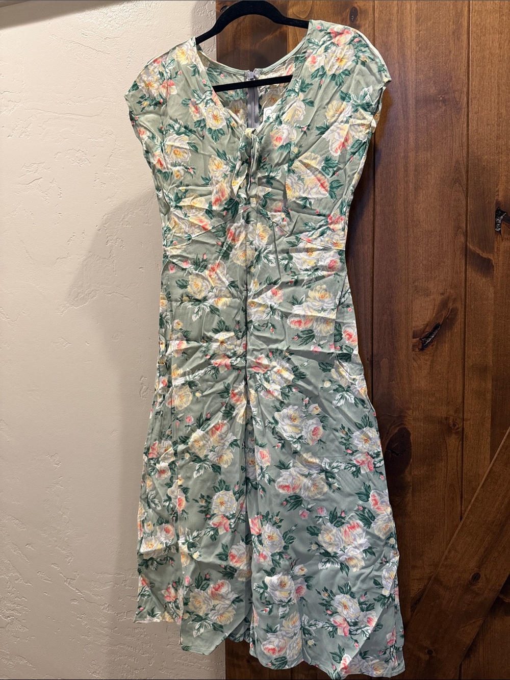Sage Green Floral Tie-Front Midi Dress